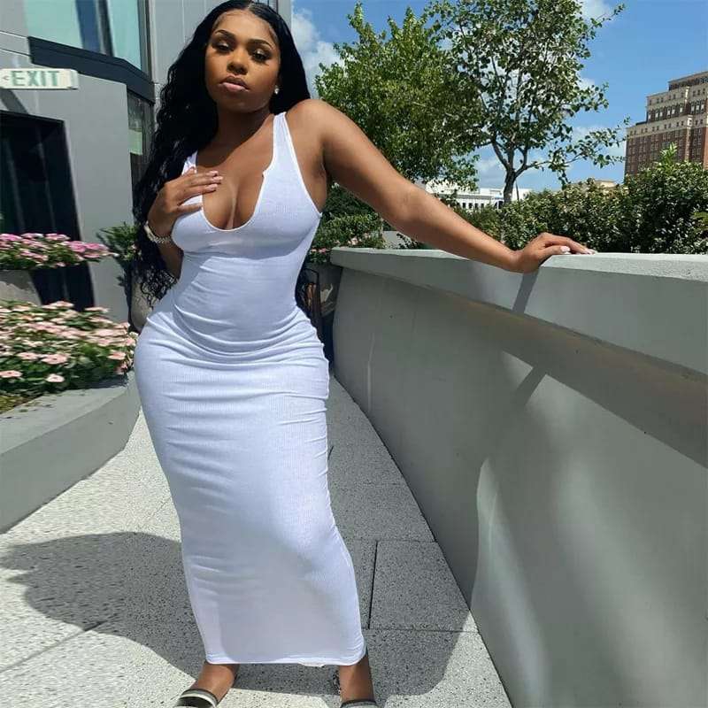 Ribbed Sleeveless V-Neck Bodycon Dress