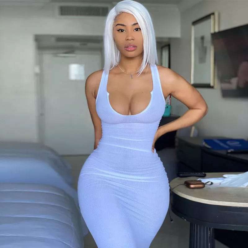 Ribbed Sleeveless V-Neck Bodycon Dress