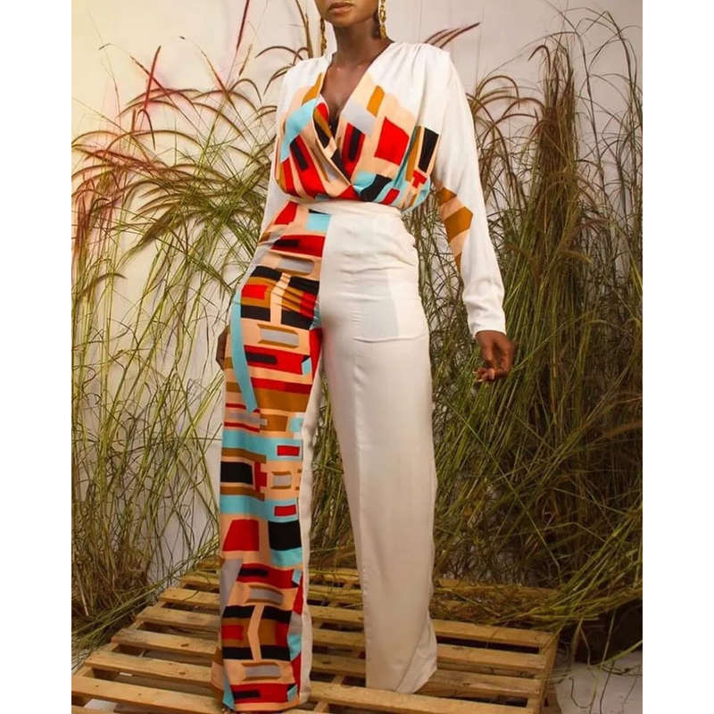Long Sleeve V-Neck With Splicing High Waist Pants Jumpsuit