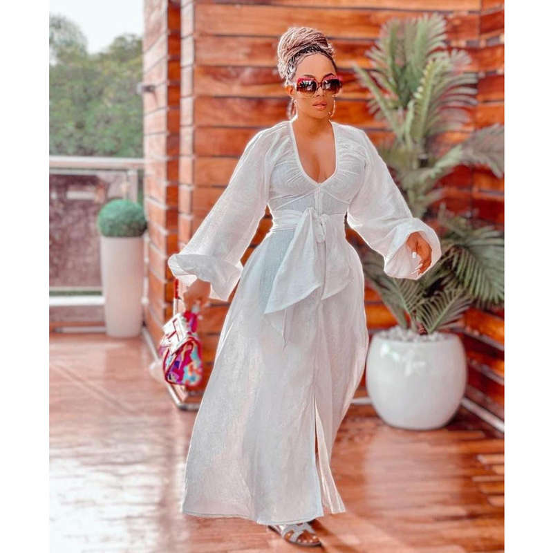 Loose Long Sleeve V-Neck Maxi Dress