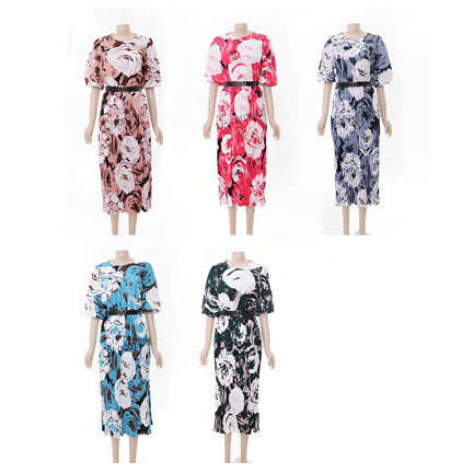 Floral Loose Short Sleeve Dress - GREEN / 5XL