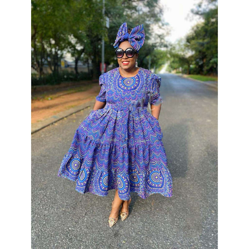 Pleated High Waisted Ankara Dress - M