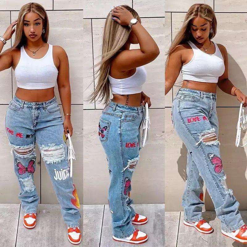 Butterfly Flame Print Distressed Jeans