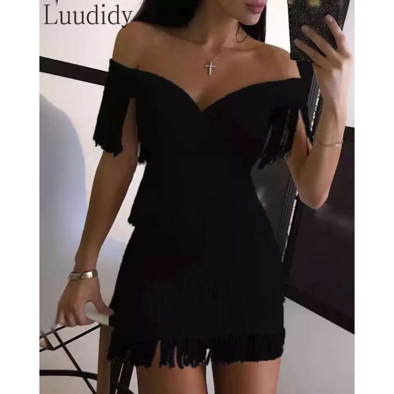 Fringe Tassel Mini Dress - BLACK / L