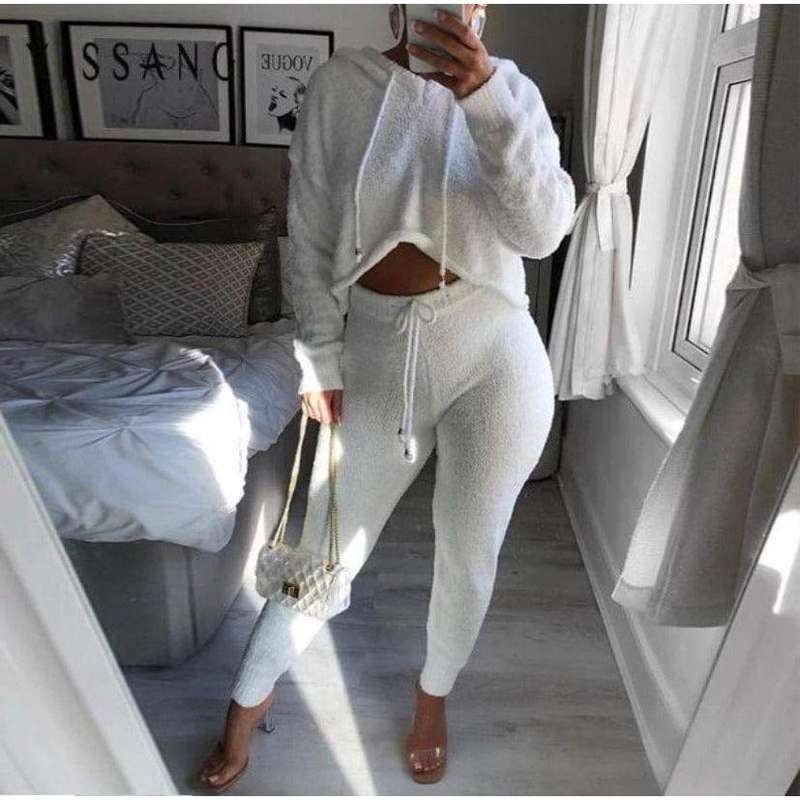 Fluffy Hooded Top & Trousers Twin Set - BLACK / XXL