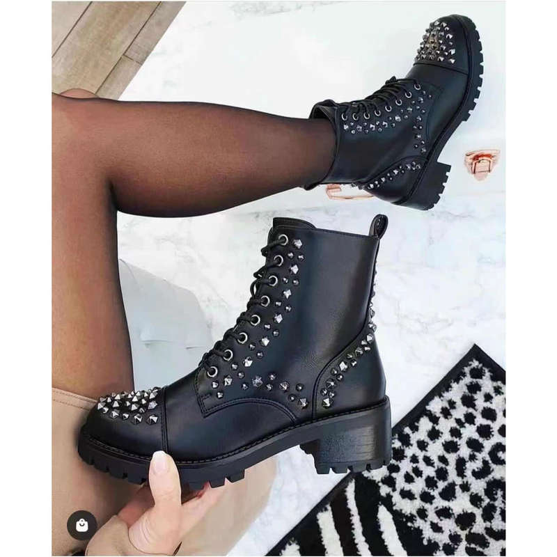 Studded Lace Up Ankle Boots - BLACK / 4