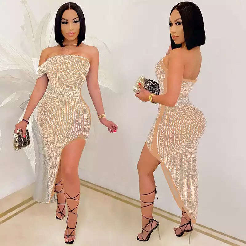 Rhinestone Diamond Asymmetrical Sexy Dress
