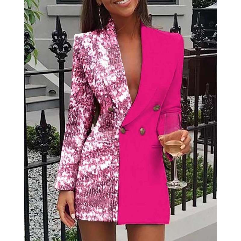 Sequined Patchwork Long Blazer - BLACK/SILVER / L