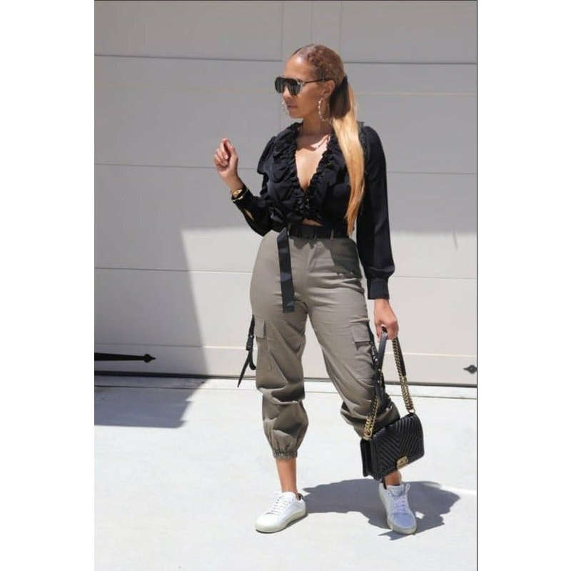 Side Pocket High waist Cargo Pant - GREEN / 26