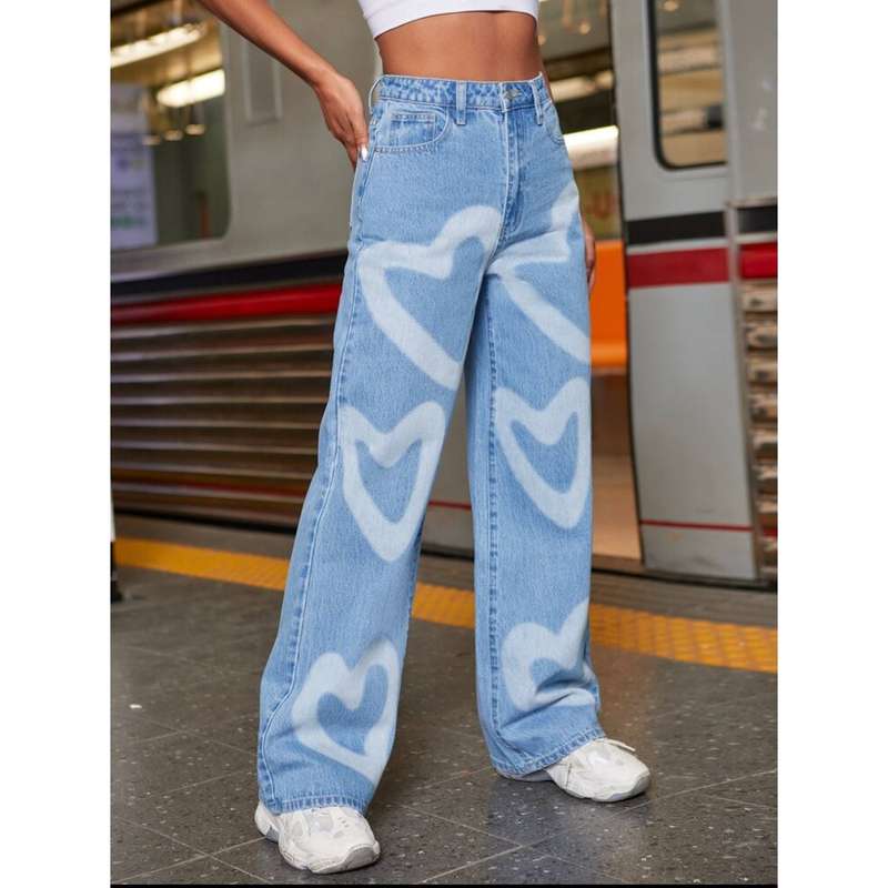 High Waisted Heart Print Wide Leg Jeans