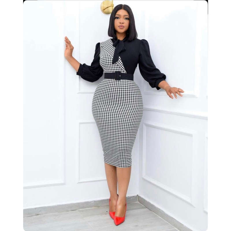 Plaid Belted Bodycon Dress - BLACK-WHITE / 4XL