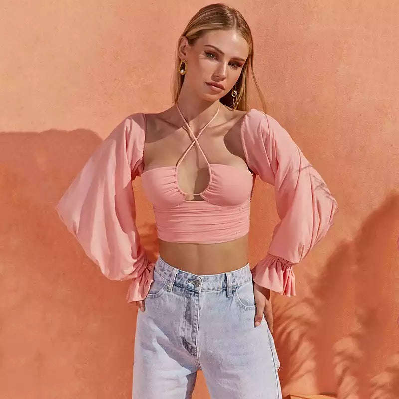 Long Puff Sleeve Sexy Halter Backless Crop Top