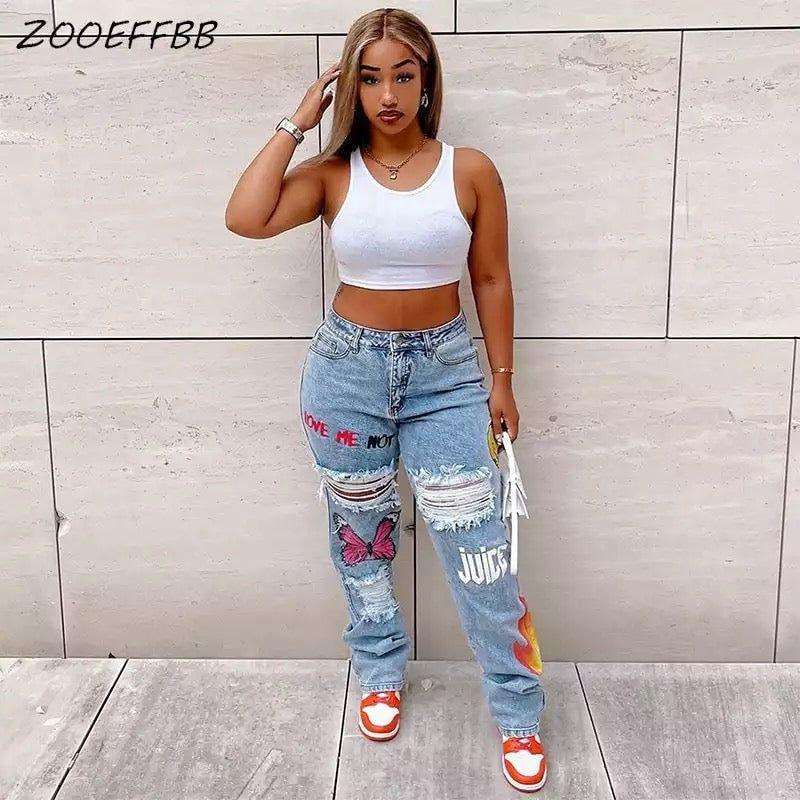 Butterfly Flame Print Distressed Jeans