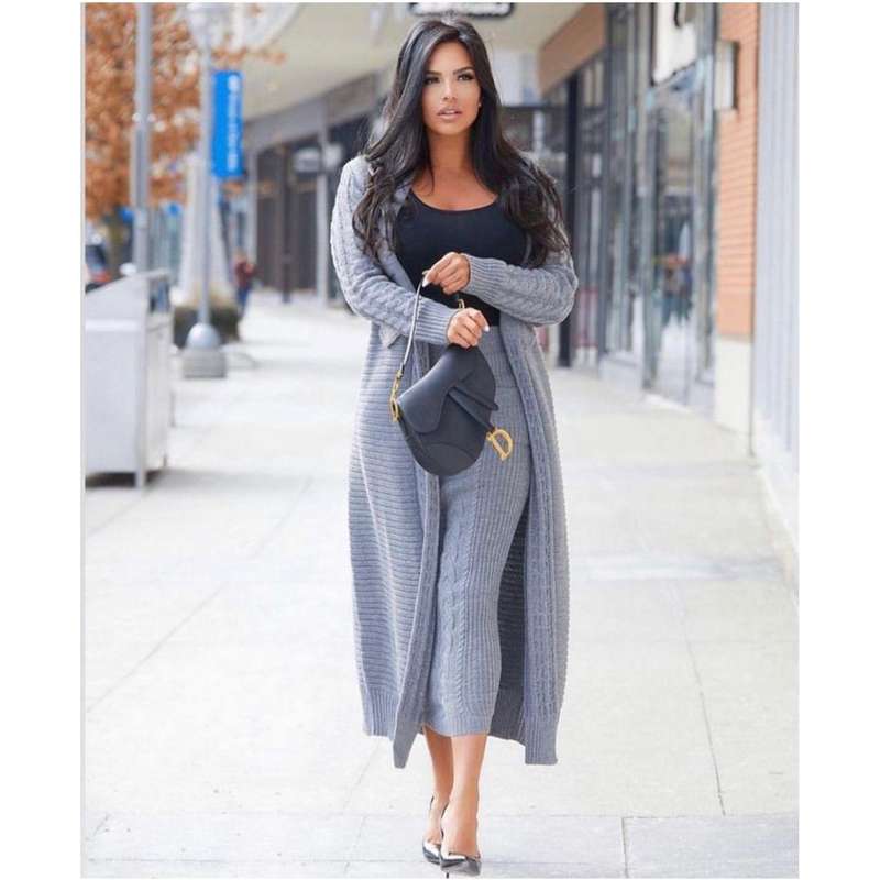 Knitted Sweater Skirt & Long Cardigan Set