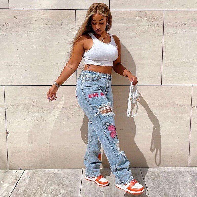 Butterfly Flame Print Distressed Jeans