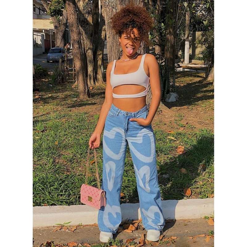High Waisted Heart Print Wide Leg Jeans