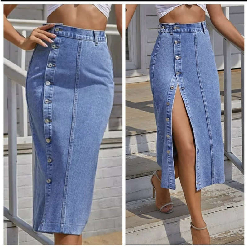 Single Button Split Light Denim Skirt