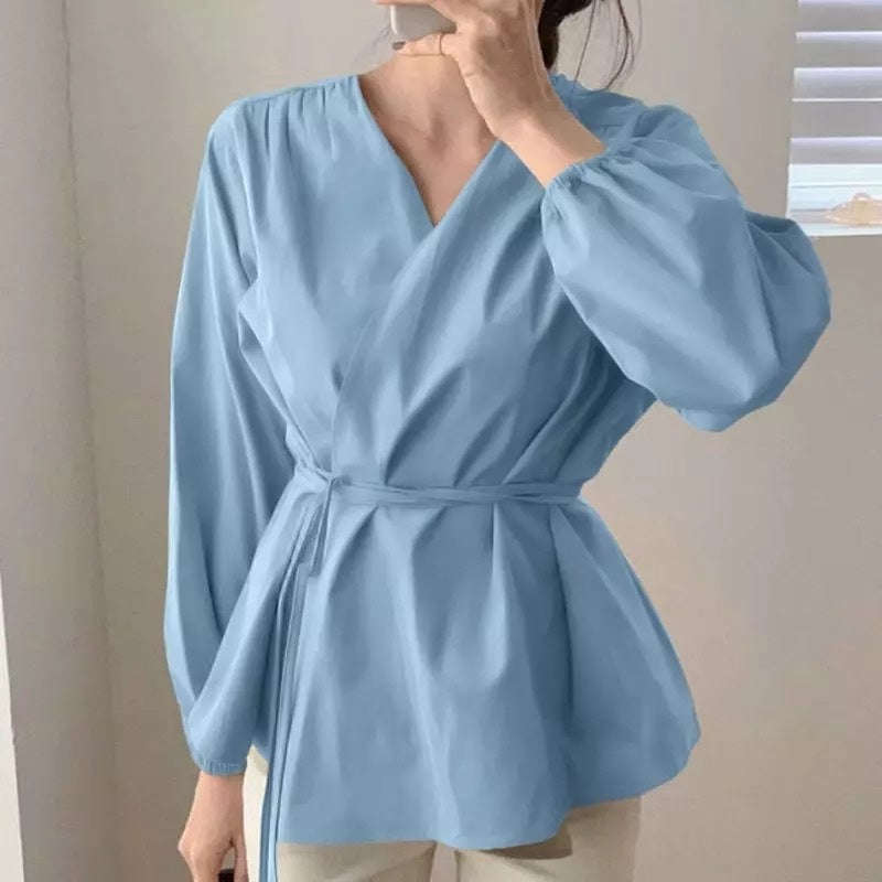 Long Sleeve Wrap Elegant Cross V Neck Shirt