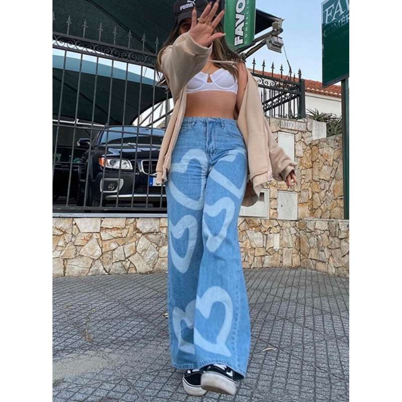 High Waisted Heart Print Wide Leg Jeans