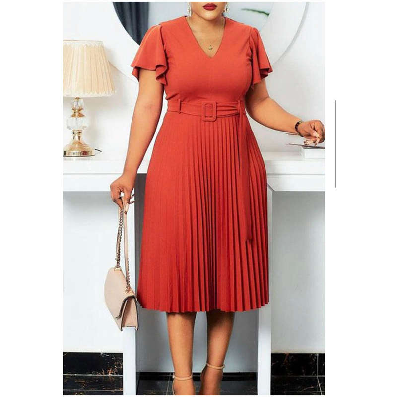 V Neck Flares Sleeve Belted Pleated Dress