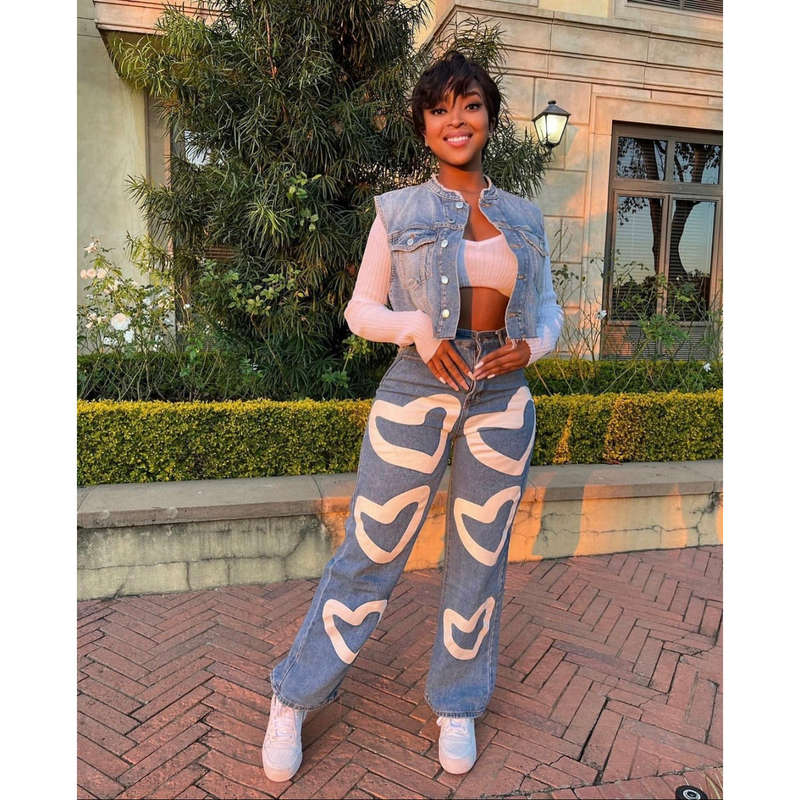 High Waisted Heart Print Wide Leg Jeans