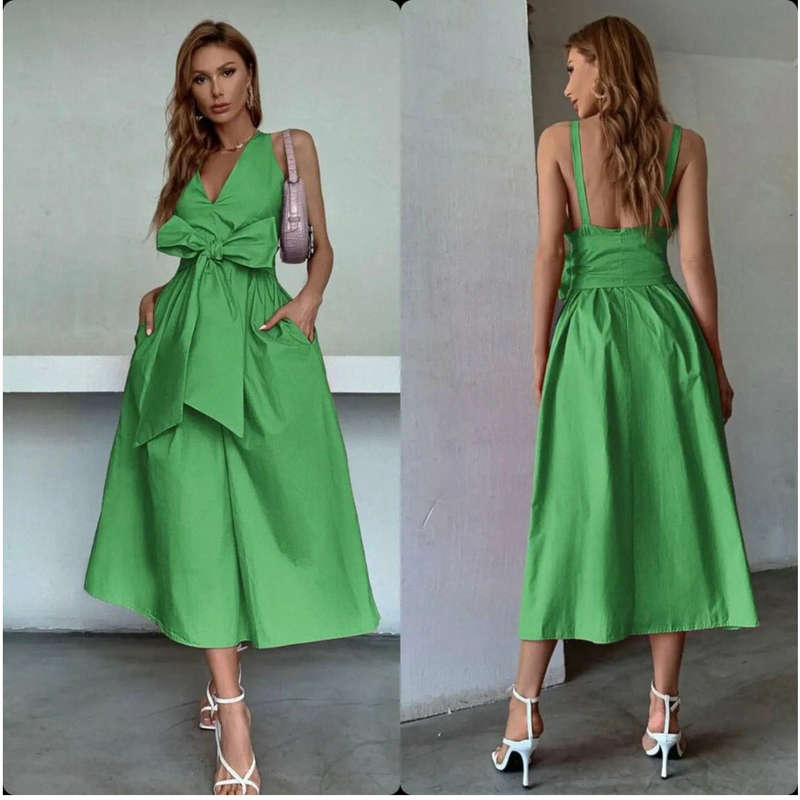 Sexy V Neck Sleeveless Big Bow Open Back Dress