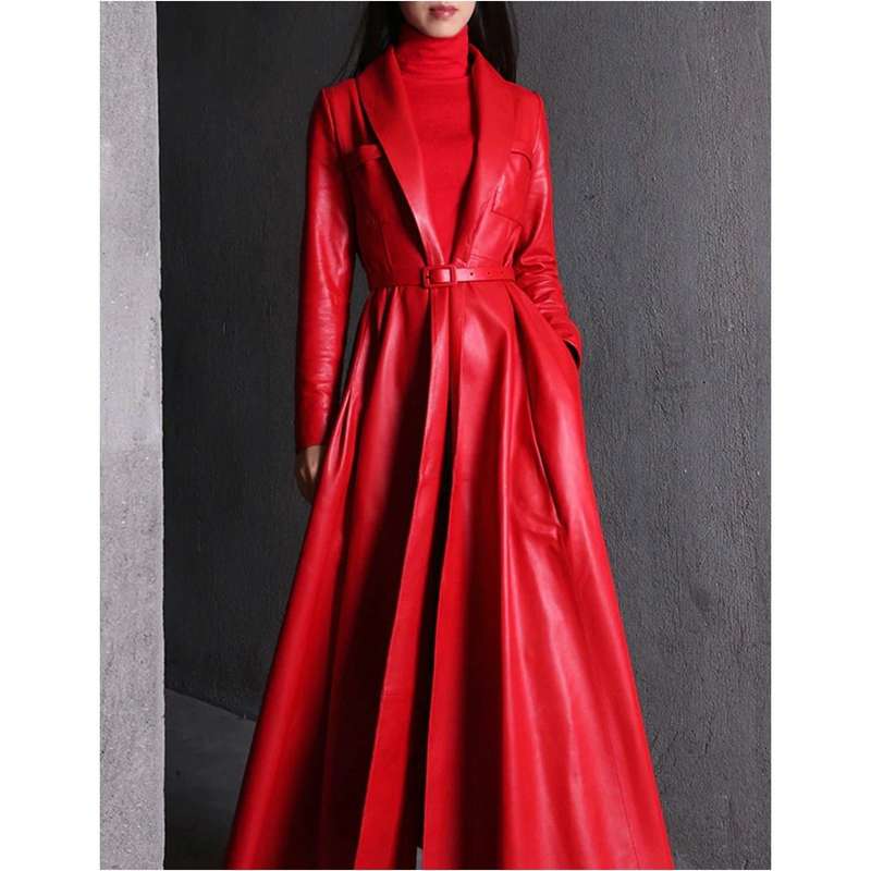 Maxi Pu Leather Tranche Coat - RED / L