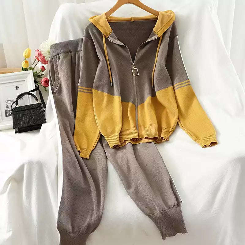 Knit Winter Hooded Zipper Two-piece Set