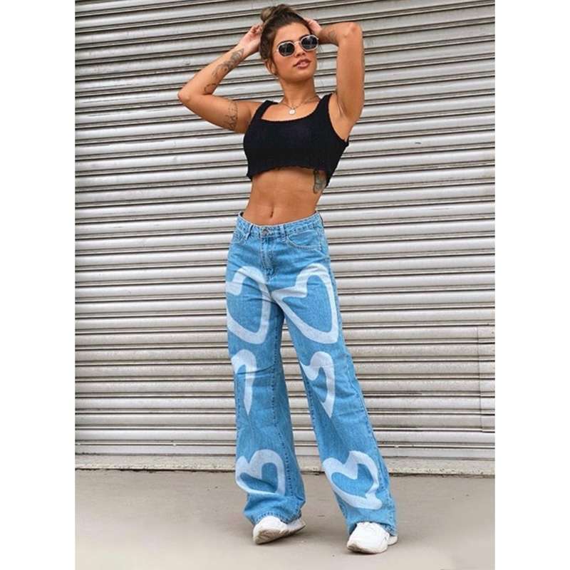 High Waisted Heart Print Wide Leg Jeans