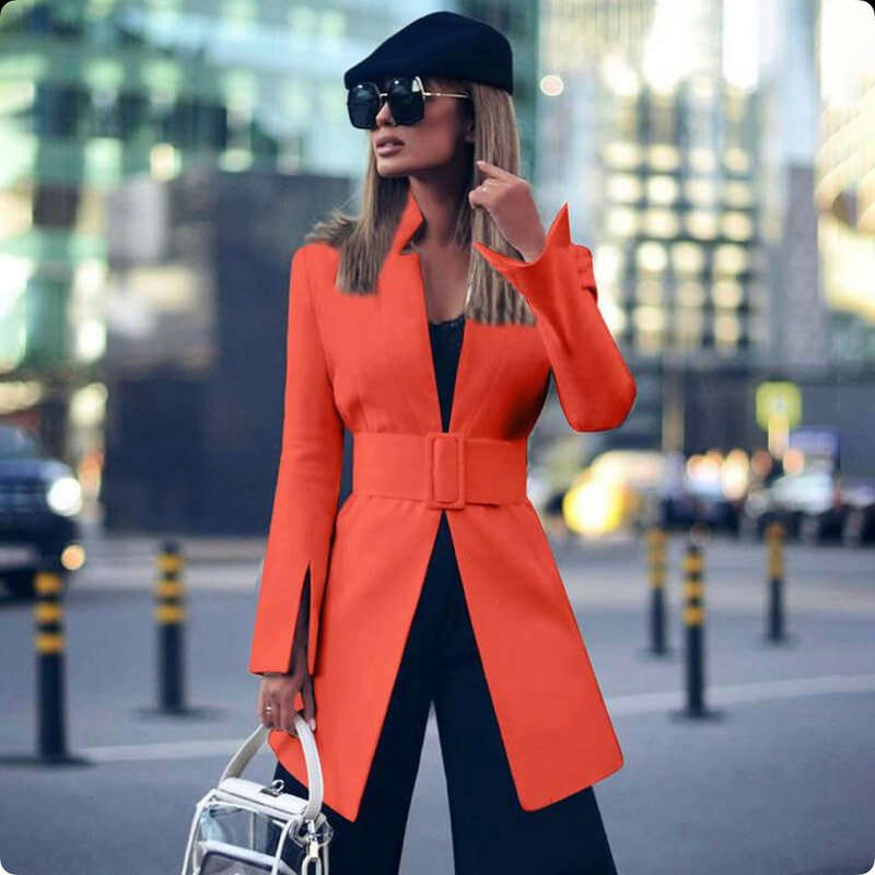 Belted Slim Long Blazer - GREEN / S