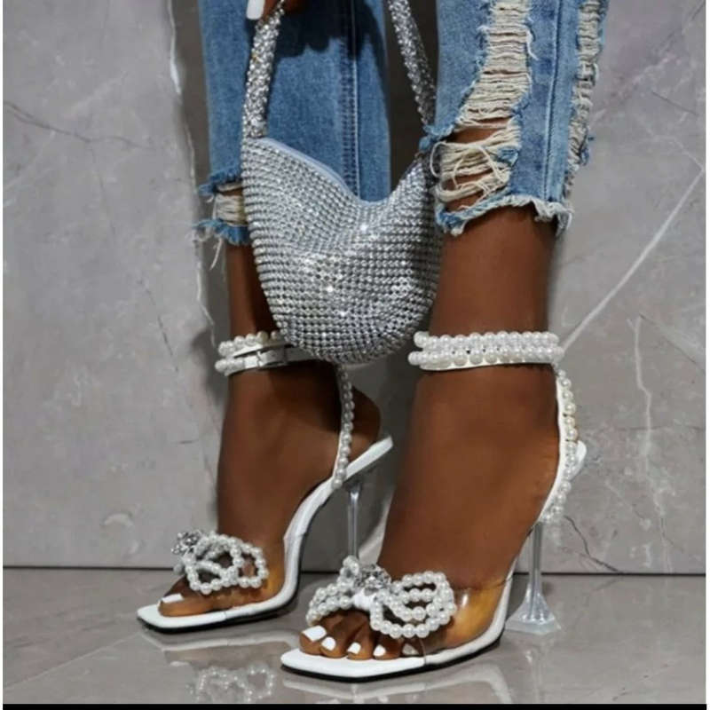 White Pearl Rope Bow High Heel