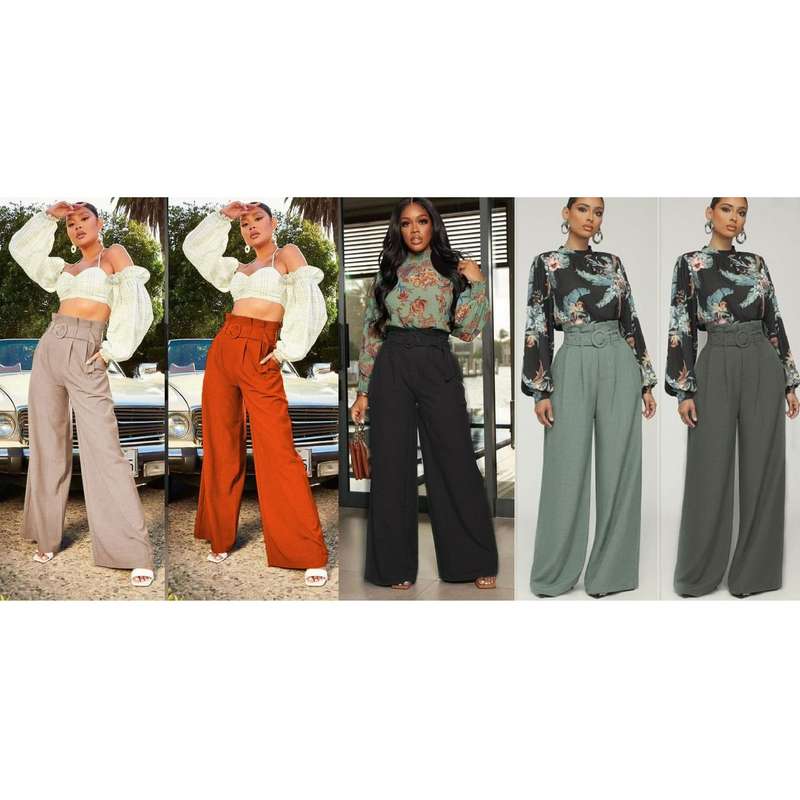 High Waisted Wide Leg Casual Pants - BLACK / XL