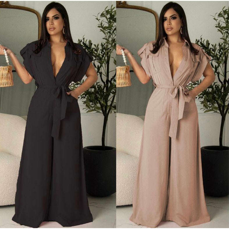 V-Neck Wide-leg Short Sleeve Overall Jumpsuit - PINK / L