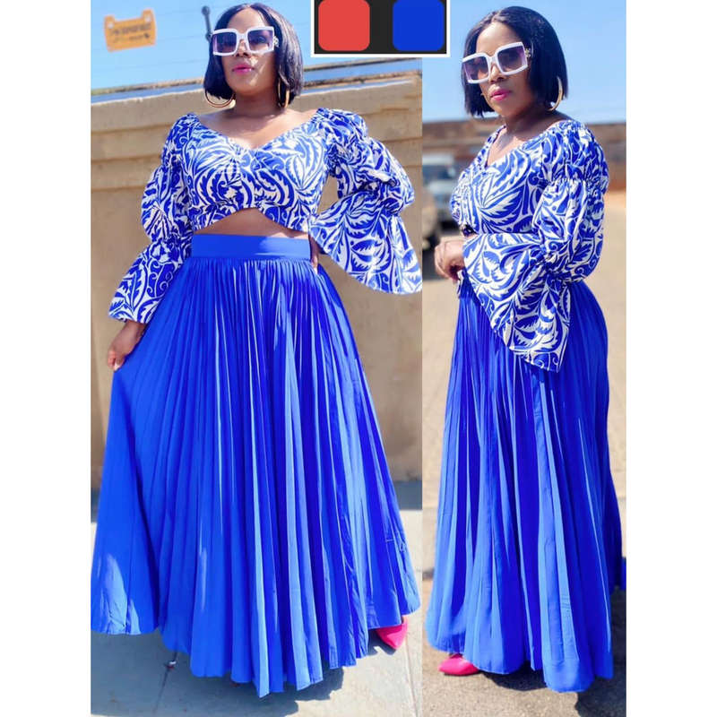 High Waisted Pleated Skirt & Long Sleeve Top Set