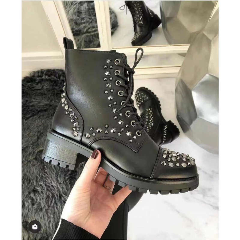Studded Lace Up Ankle Boots - BLACK / 4