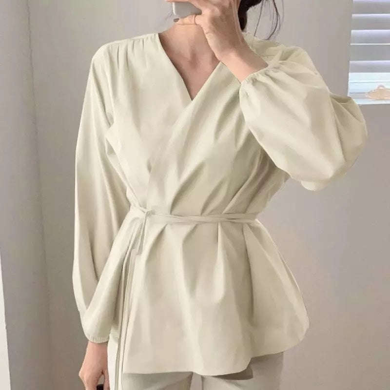 Long Sleeve Wrap Elegant Cross V Neck Shirt