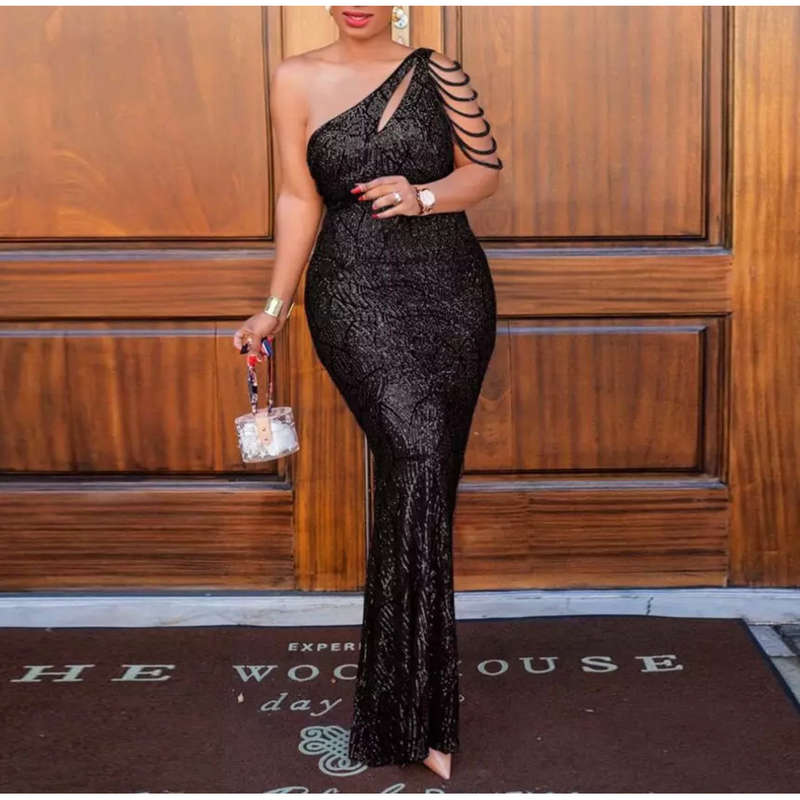 One Shoulder Beads Floor-Length Dress