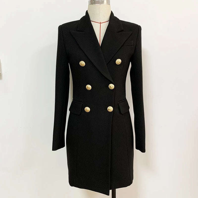 V-Neck Double Double Breasted Blazer Dress - BLACK / S