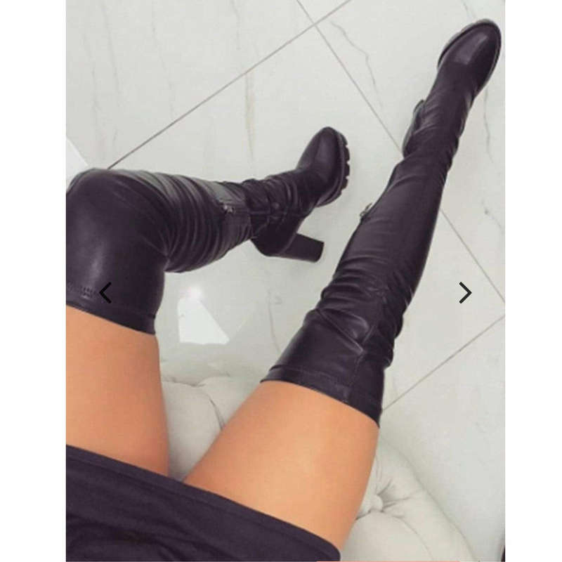High Knee Chunky Heel Boots - BLACK / 8