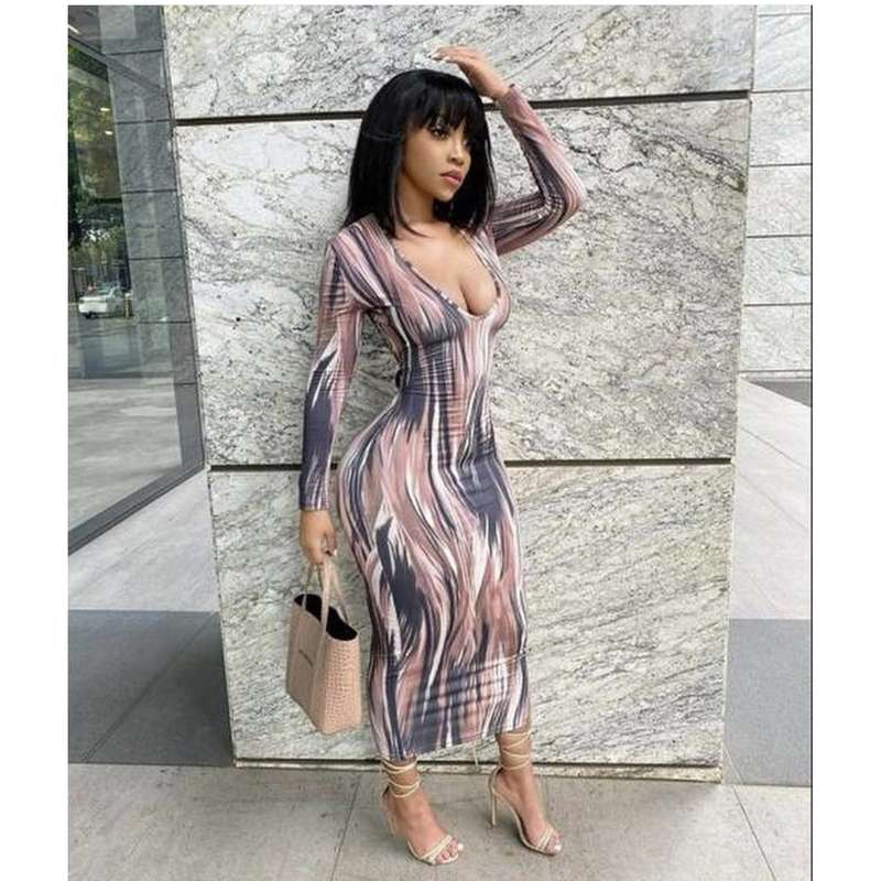 Deep V-Neck Print Bodycon Dress - XL