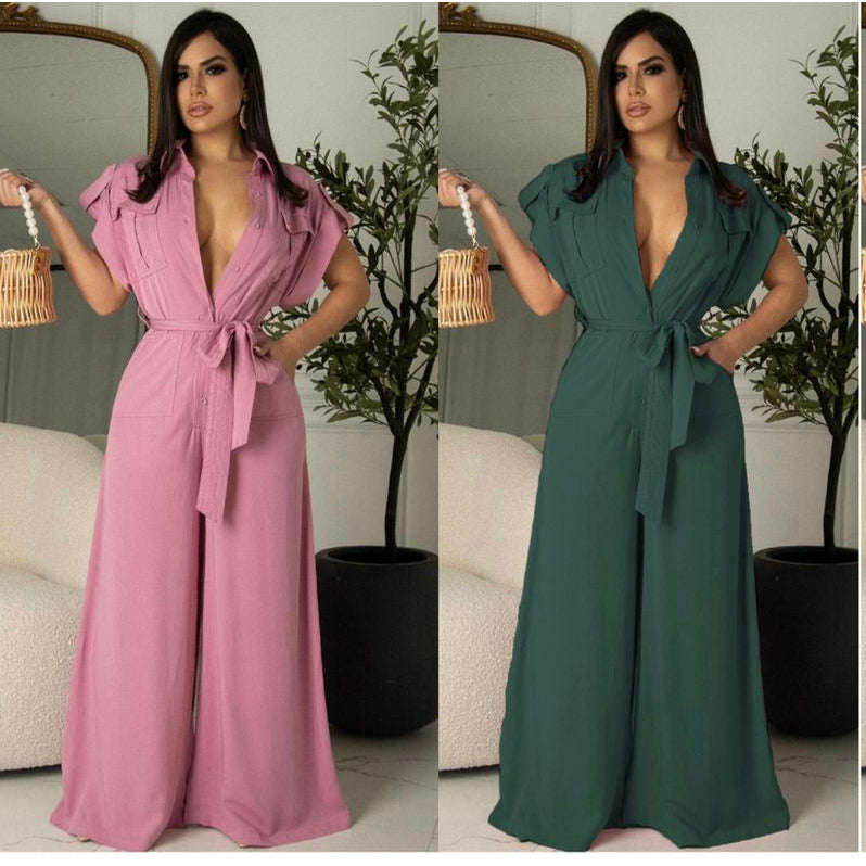 V-Neck Wide-leg Short Sleeve Overall Jumpsuit - PINK / L