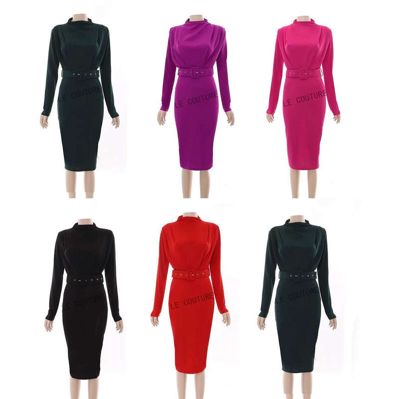 Belted Long Sleeve Bodycon dress - ROYAL BLUE / M