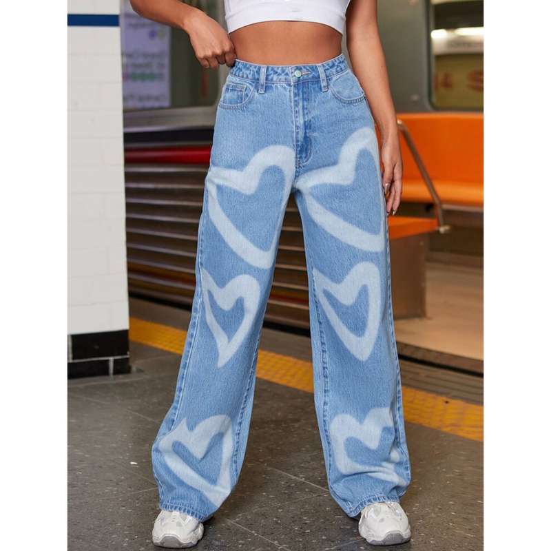 High Waisted Heart Print Wide Leg Jeans