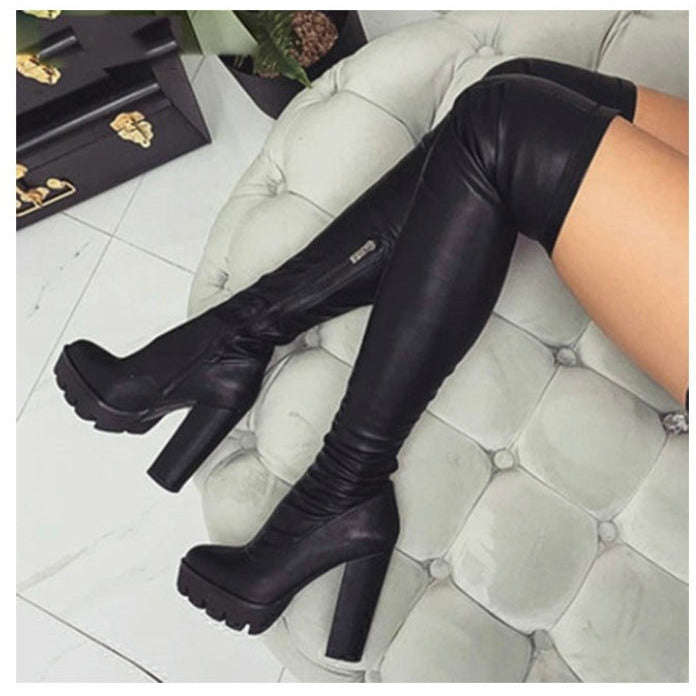 High Knee Chunky Heel Boots - BLACK / 8