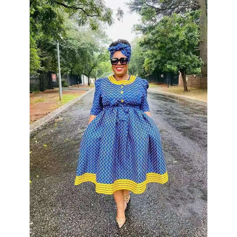 Button Detail Long Sleeve Ankara Dress