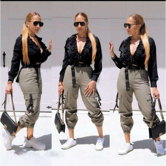Side Pocket High waist Cargo Pant - GREEN / 26