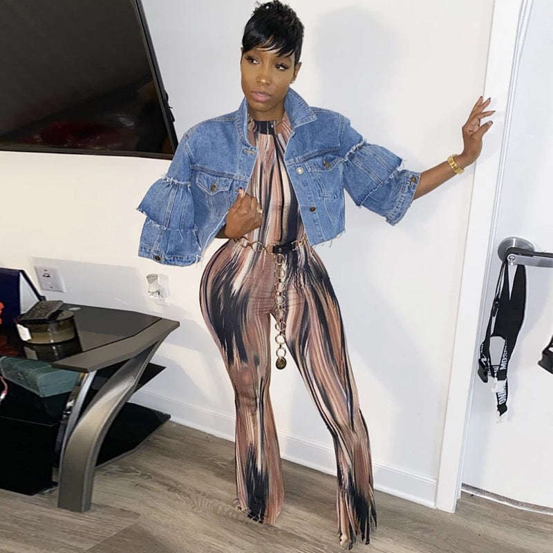 Halter Neck Zipper Graphic Printed Jumpsuits