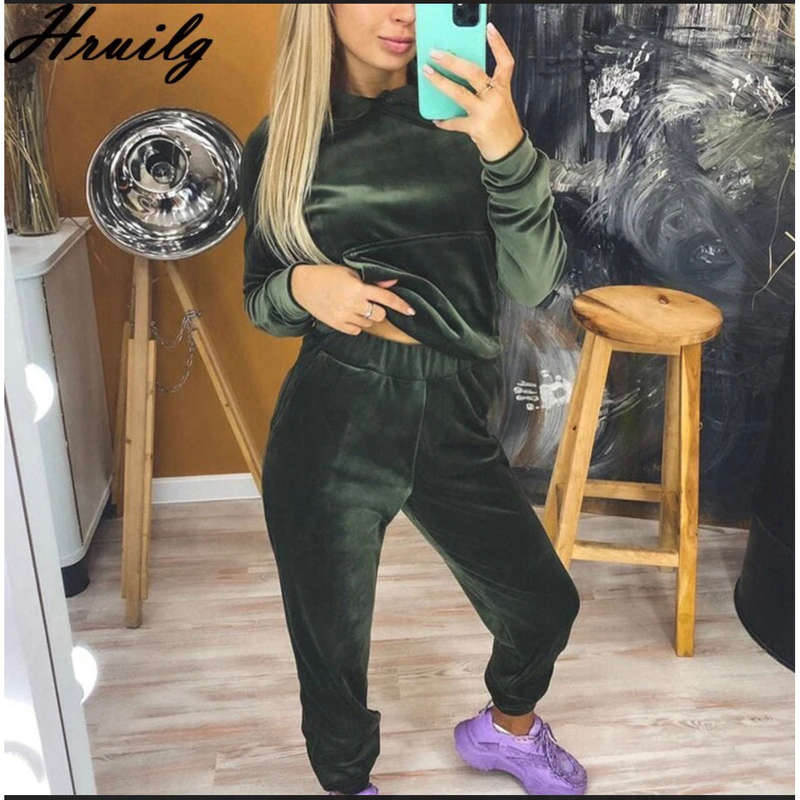 Hooded Pockets Casual Velvet Two Piece Set
