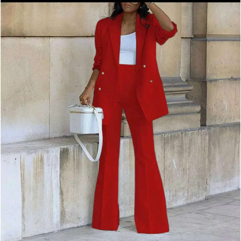Double Breasted Blazers and Straight Flare Pants Suit - RED / L