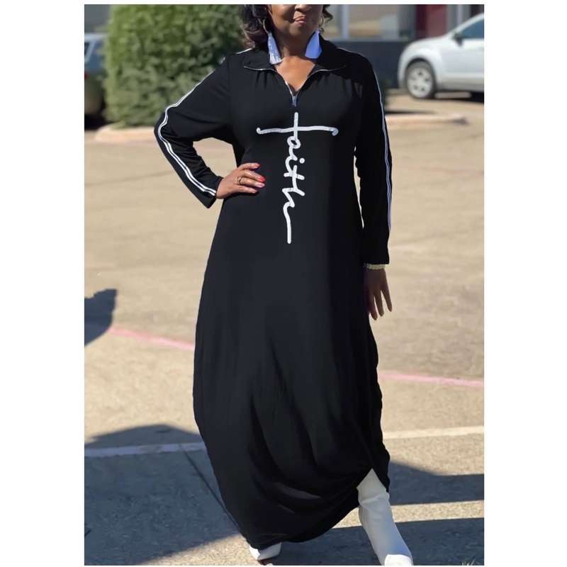 Print Long Sleeve Loose Long Dress - BLACK / XL